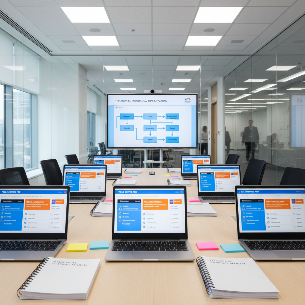 A modern training room setup featuring multiple open laptops on a long light-wood table, each displaying structured field service training modules and checklists, surrounded by neatly stacked binders, color-coded sticky notes, and a digital whiteboard at the front showing a workflow diagram. The space is enclosed by glass walls with a blurred view of a corporate corridor beyond. Bright, diffused ceiling lighting and soft daylight from a side window create a balanced, neutral illumination. Shot from a slightly elevated angle with sharp focus throughout, the photographic image communicates organized learning, professional development, and structured technician training in a clean, corporate environment.