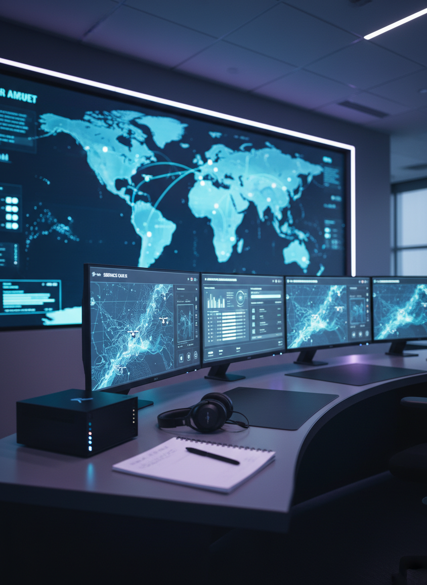 An advanced field service command center with a curved desk lined with ultra-wide monitors showing live technician locations on maps, service queues, AI-generated recommendations, and performance KPIs. A compact server unit with subtle indicator lights sits beside a noise-canceling headset and a neatly arranged notepad with a pen. The backdrop includes a large wall display of a global service coverage map with glowing nodes. Cool-toned LED lighting and low ambient room light create a focused, high-tech atmosphere. Captured from a slightly low, cinematic angle with a moderate depth of field, the photographic scene emphasizes technology, AI-driven decision support, and operational excellence.